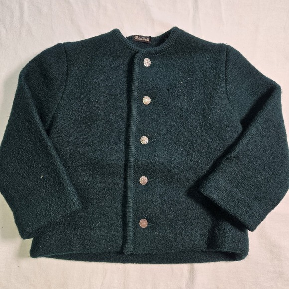 Vtg Reine Wolle Childs Cardigan Sweater Salzburg Coat Of Arm Buttons Dark Green - Picture 11 of 11